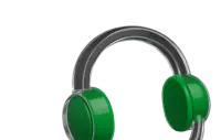 3D-style silver headset with green ear cushions and microphone, representing customer support.